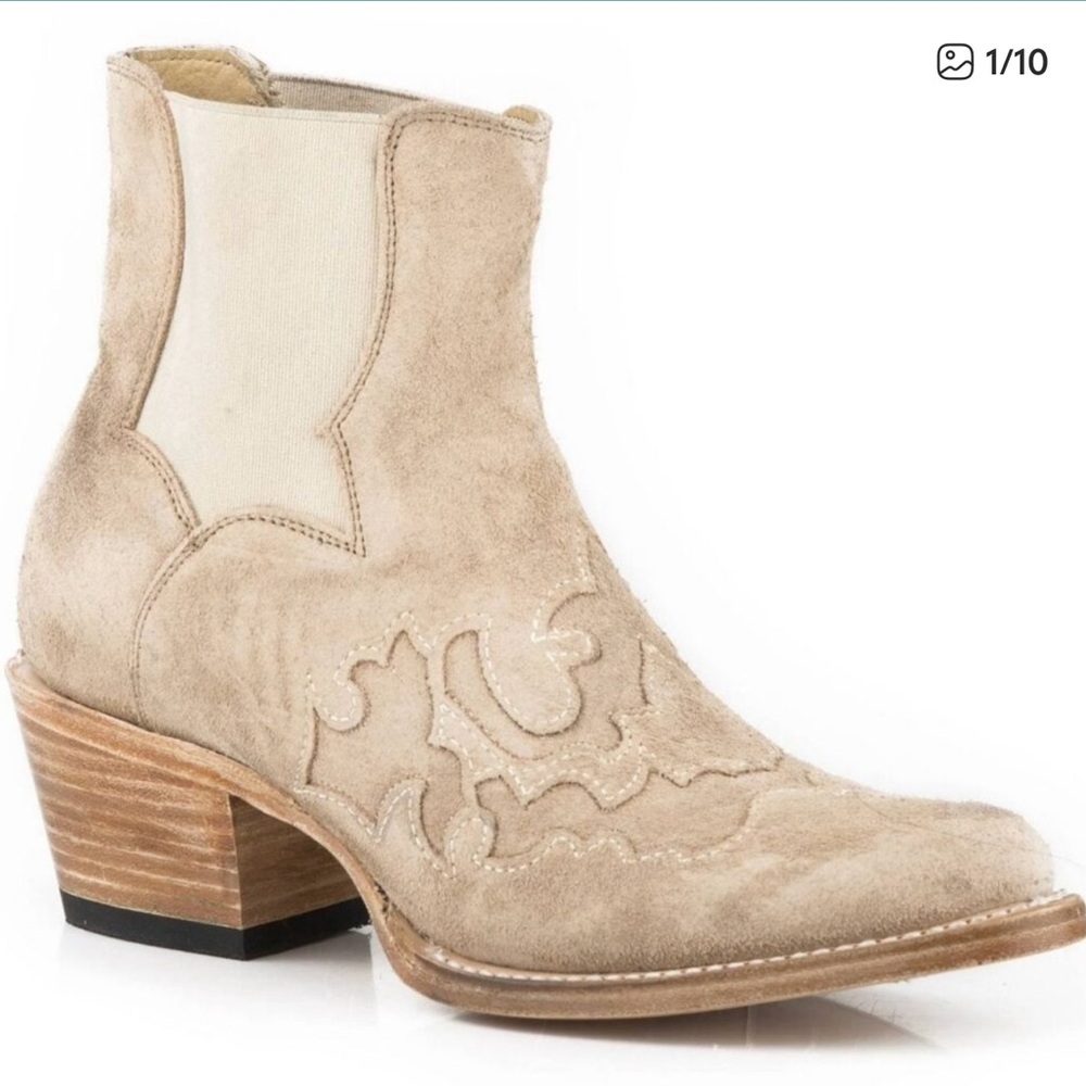 STETSON Short Western Boots Toasted Almond Suede Embroidered Chelsea Bootie - Picture 4 of 8